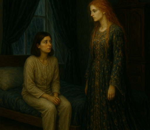 Woman on bed with victorian ghost
